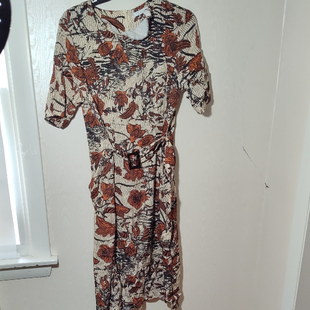 Mango Brown and Black Leaf Print Midi Dress